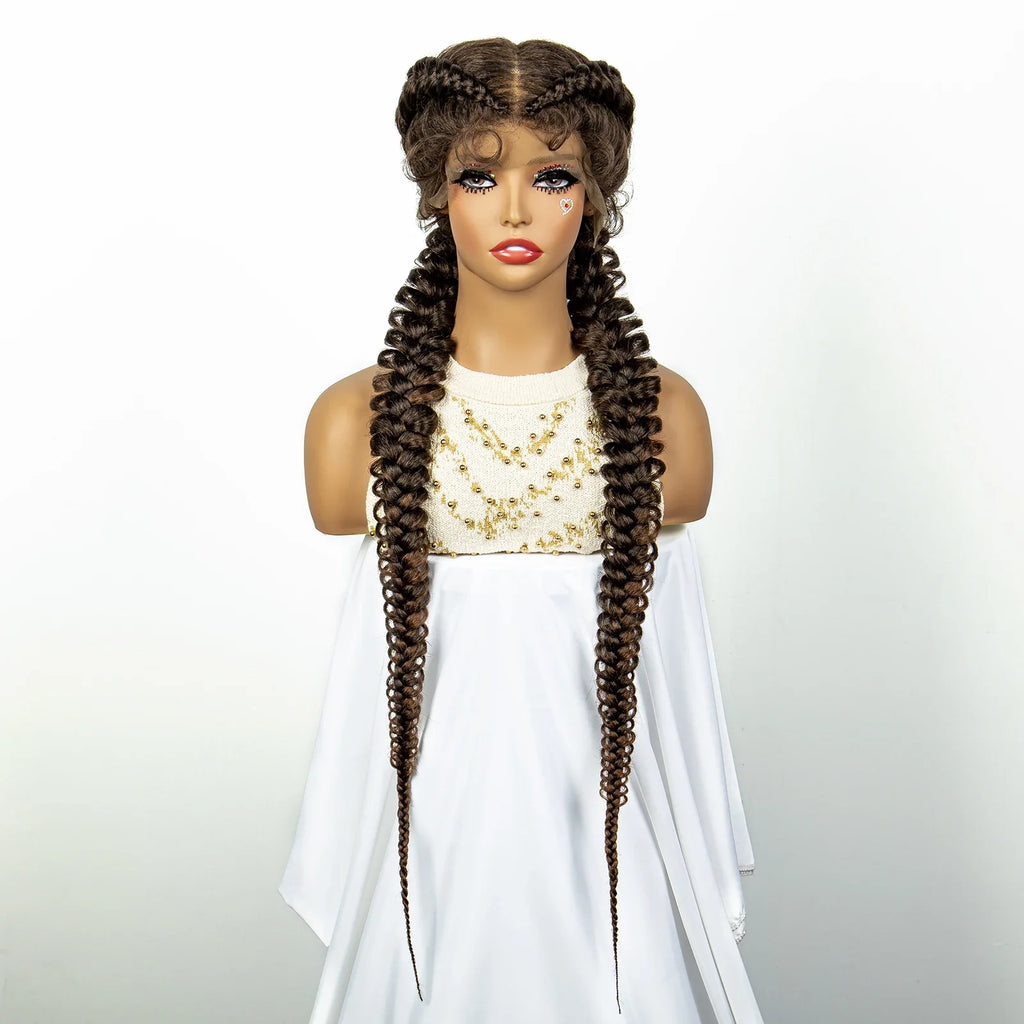 1B/30 Dark Brown Synthetic Lace Frontal Dutch Box Braided Wigs for Black Women Fishtail Braids Wigs with Baby Hair Cornrow Wigs