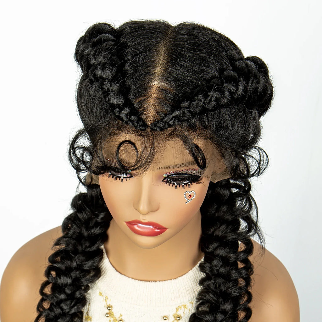 1B/30 Dark Brown Synthetic Lace Frontal Dutch Box Braided Wigs for Black Women Fishtail Braids Wigs with Baby Hair Cornrow Wigs