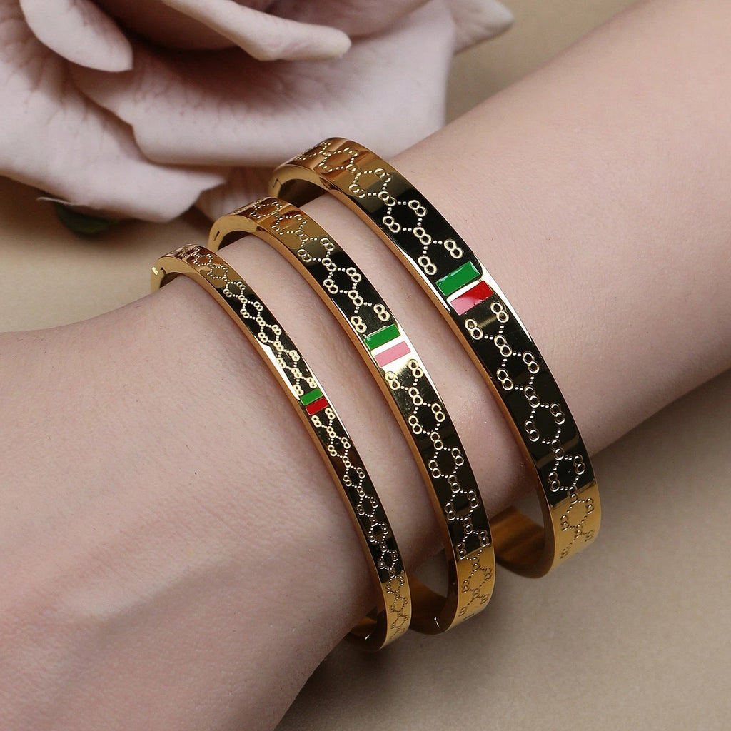 18 K Gold Plated Stainless Steel  55 MM Red/Green Bangles  , Fashionable Jewelry For Men And Women Wholesale