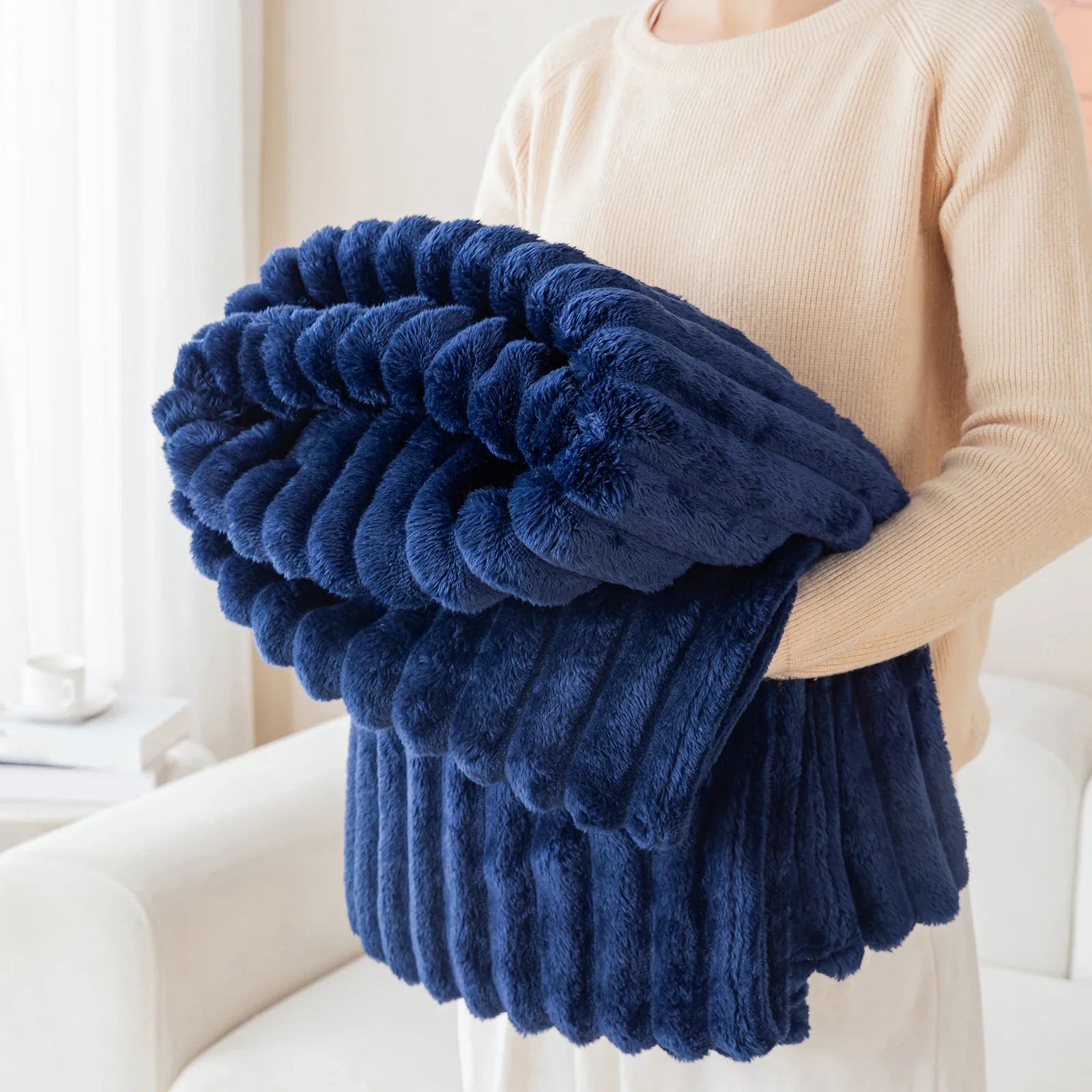 1pc solid color thick wide stripe multifunctional blanket, can be used as bed sheet covering blanket, nap blanket, pet blanket