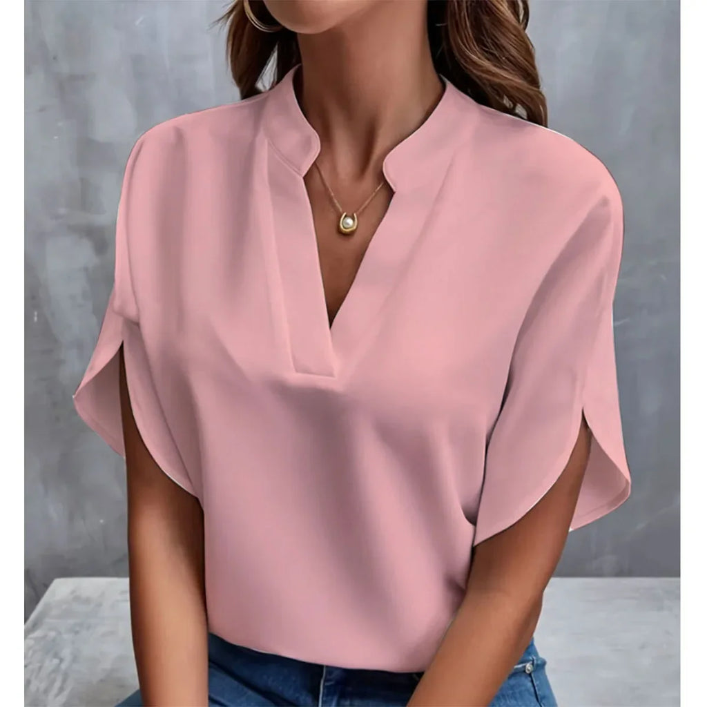 1pcs Woman New Summer Solid Color Shirts Lady Casual Short Sleeve V-neck Collar Loose Shirts Female Fashion Pullover Tops