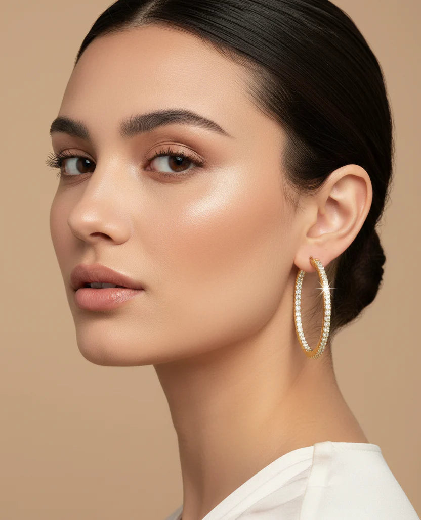 14K Gold Rhinestone Hoop Earrings